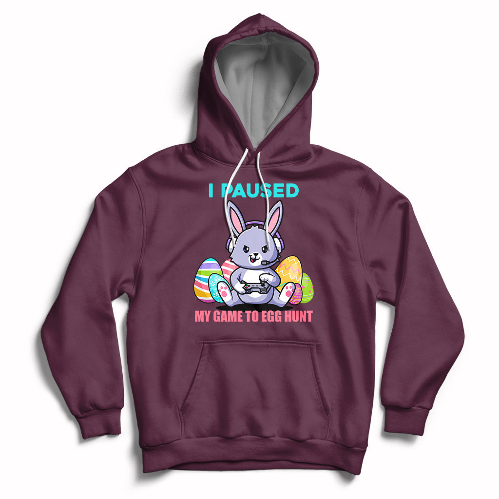 Kids maroon hoodie with bunny graphic, "I PAUSED" and egg hunt game text