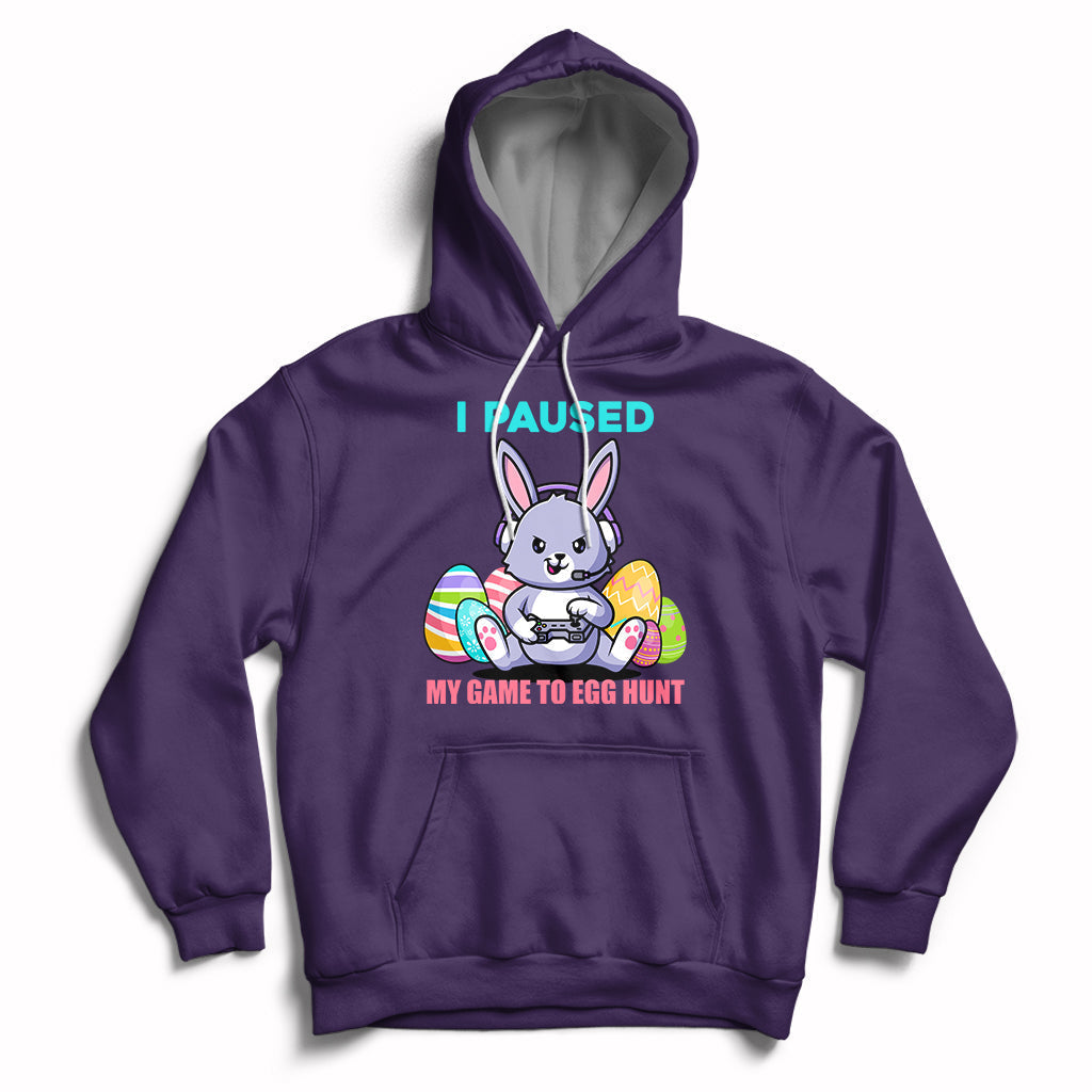 Kids purple hoodie with bunny graphic, "I PAUSED" and egg hunt game text