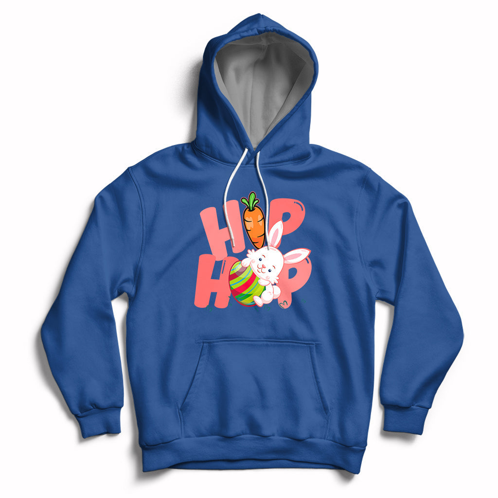 Royal blue hoodie with front Easter bunny graphic and kangaroo pocket