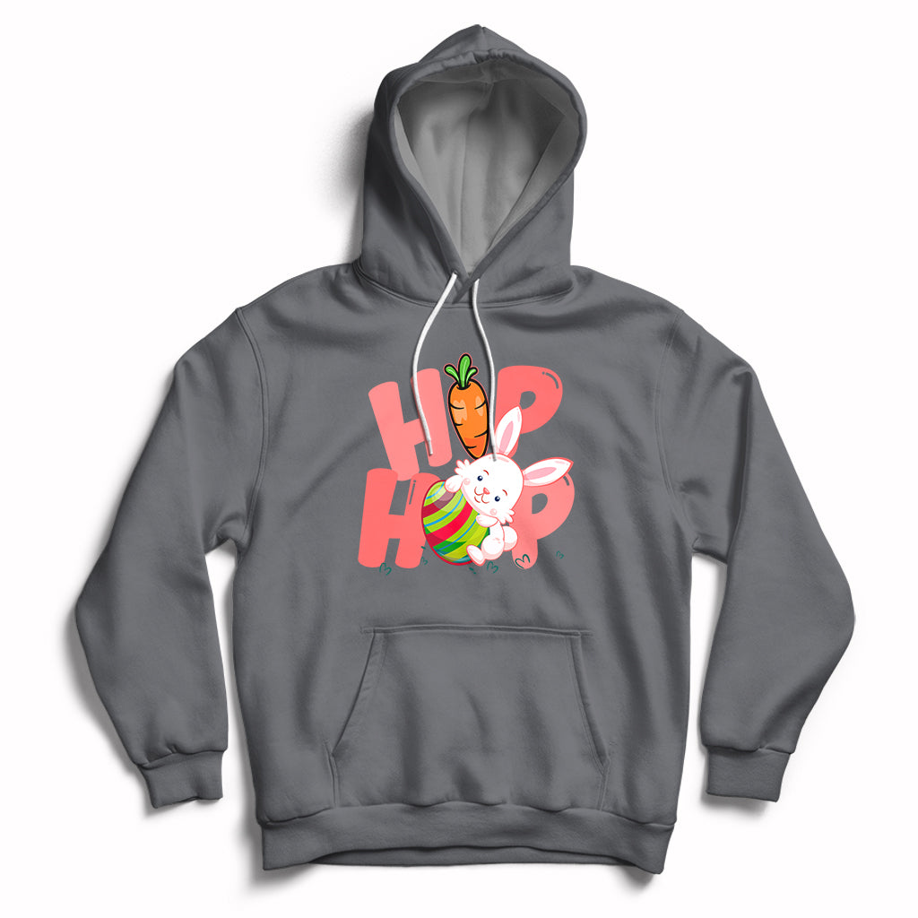 Charcoal gray hoodie with front Easter bunny graphic and kangaroo pocket