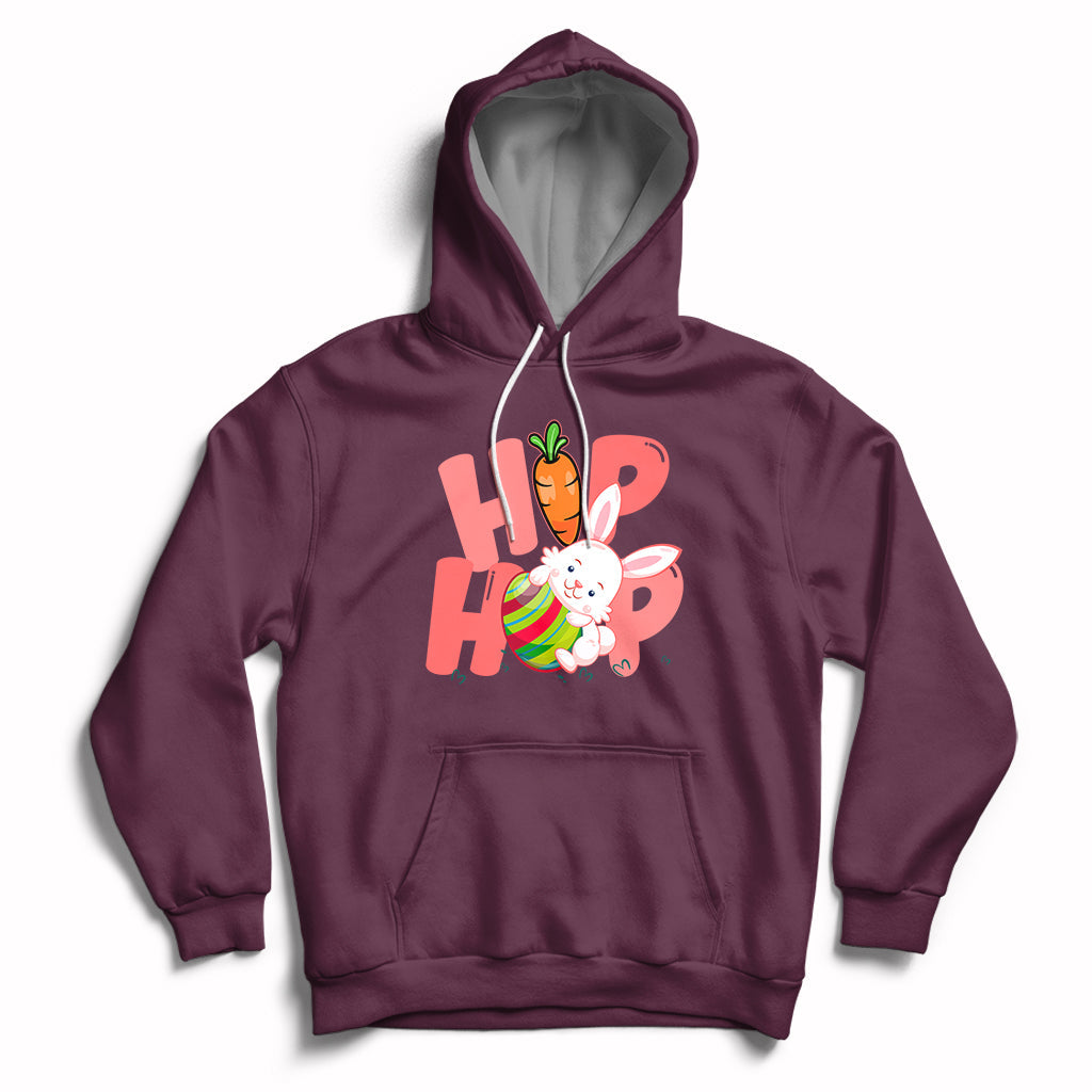 Maroon hoodie with front Easter bunny graphic and kangaroo pocket