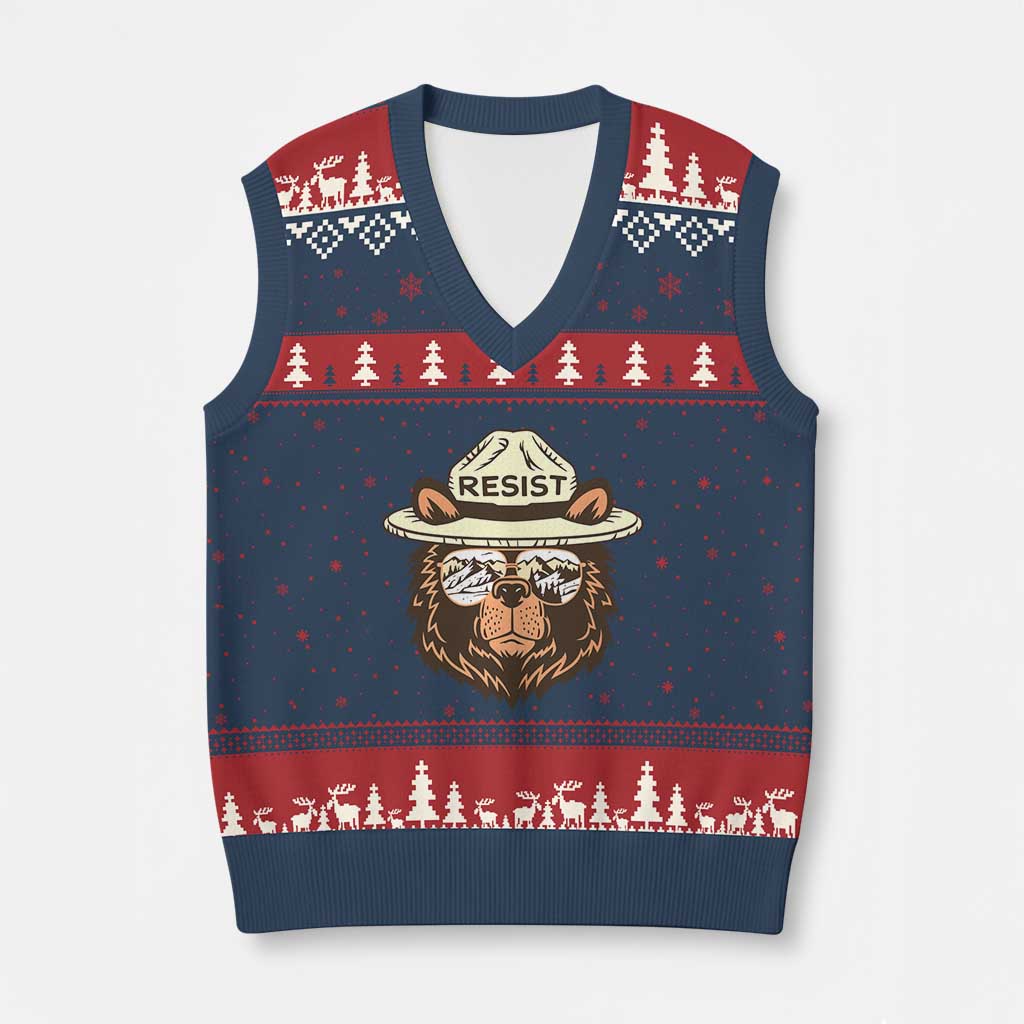Resist Bear Retro Vintage V-Neck Knit Sweater Vest - Wonder Print Shop