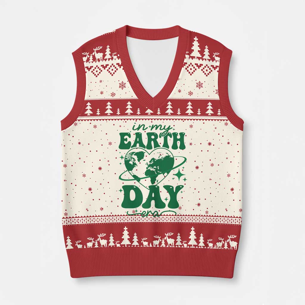 In My Earth Day Era V-Neck Knit Sweater Vest Cute Groovy Planet Heart - Wonder Print Shop