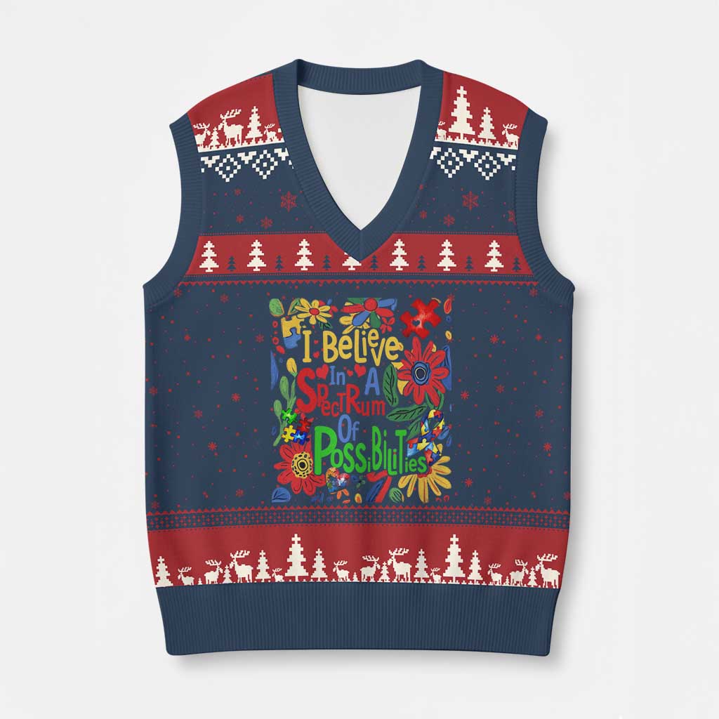 Autism Acceptance V-Neck Knit Sweater Vest I Believe In A Spectrum Of Possibilities Retro Boho - Wonder Print Shop