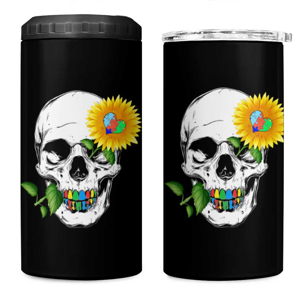 Autism Skull Sunflower 4 in 1 Can Cooler Tumbler Support Autistic Puzzle Pieces Heart