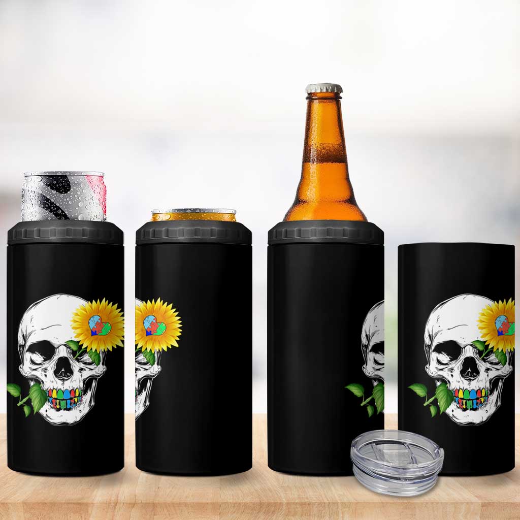 Autism Skull Sunflower 4 in 1 Can Cooler Tumbler Support Autistic Puzzle Pieces Heart