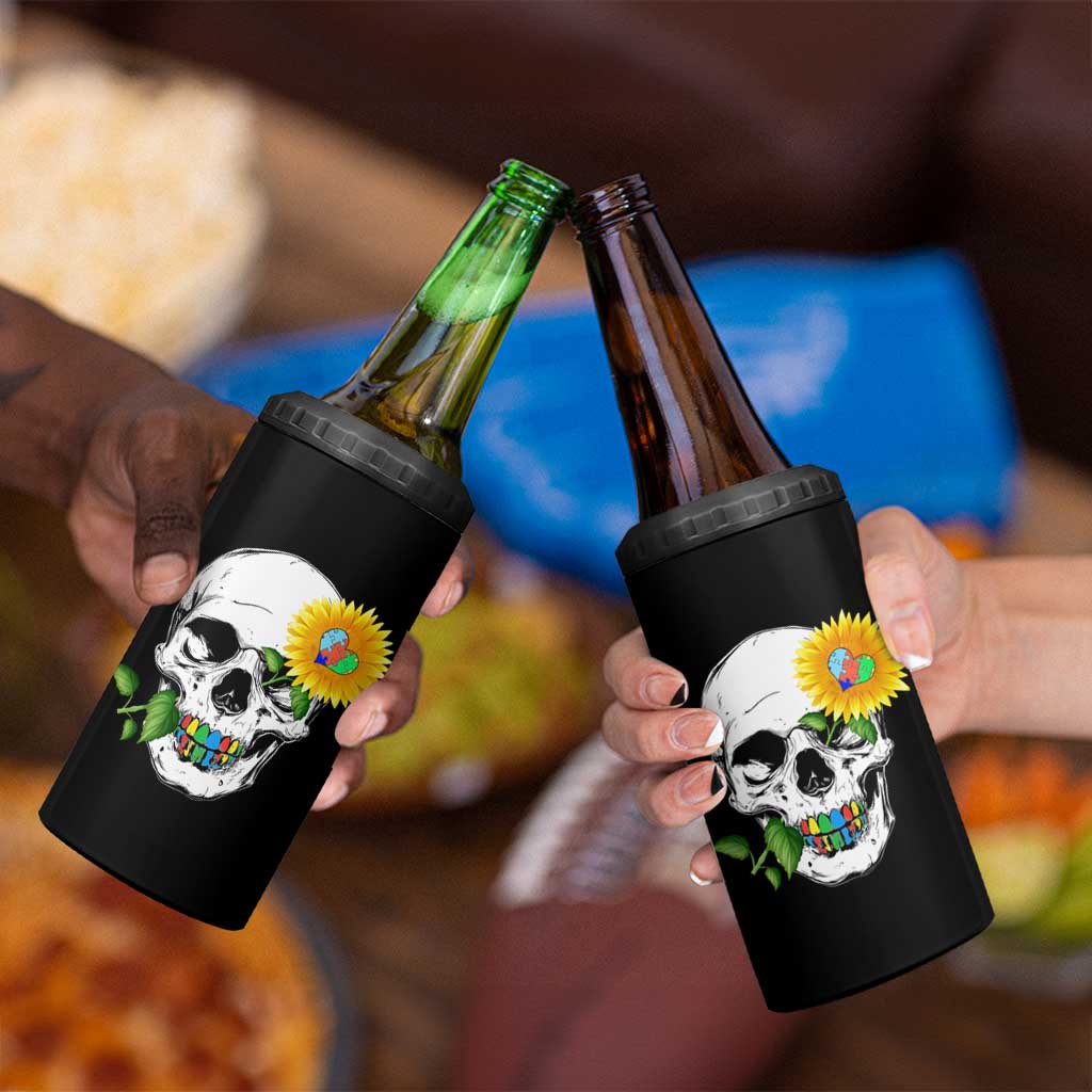 Autism Skull Sunflower 4 in 1 Can Cooler Tumbler Support Autistic Puzzle Pieces Heart