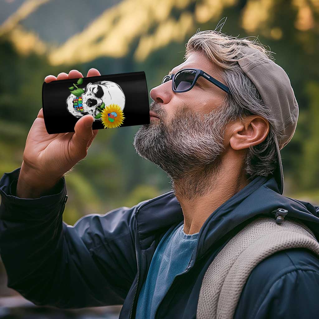 Autism Skull Sunflower 4 in 1 Can Cooler Tumbler Support Autistic Puzzle Pieces Heart