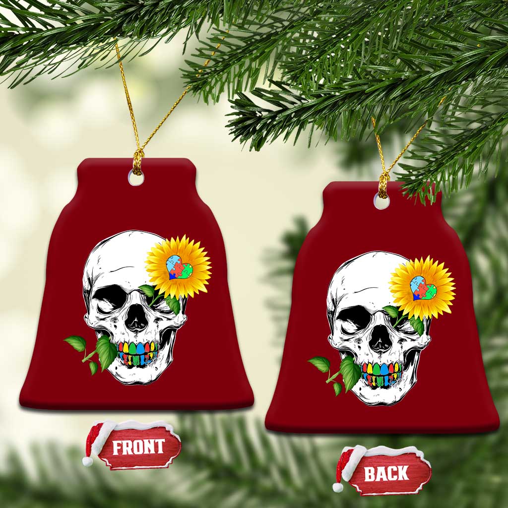Autism Skull Sunflower Ceramic Ornament Support Autistic Puzzle Pieces Heart - Wonder Print Shop