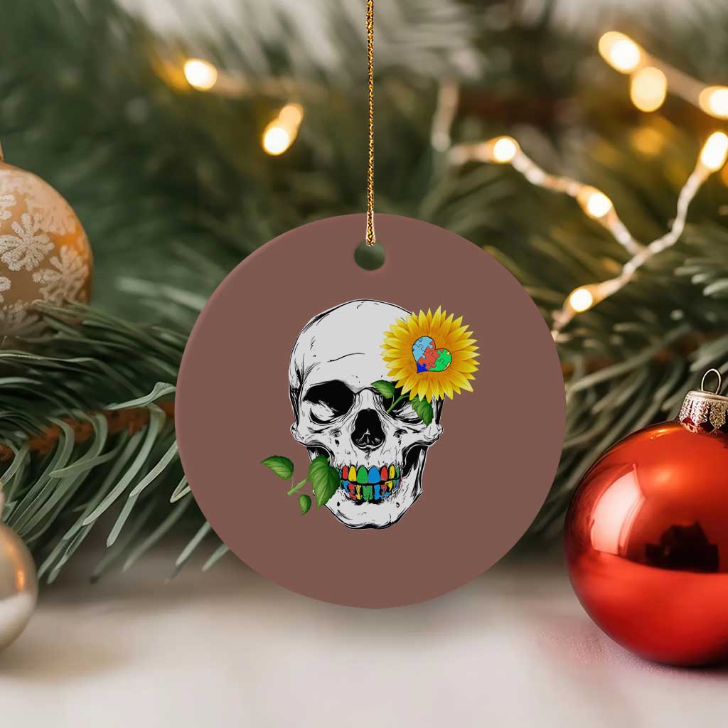 Autism Skull Sunflower Ceramic Ornament Support Autistic Puzzle Pieces Heart - Wonder Print Shop