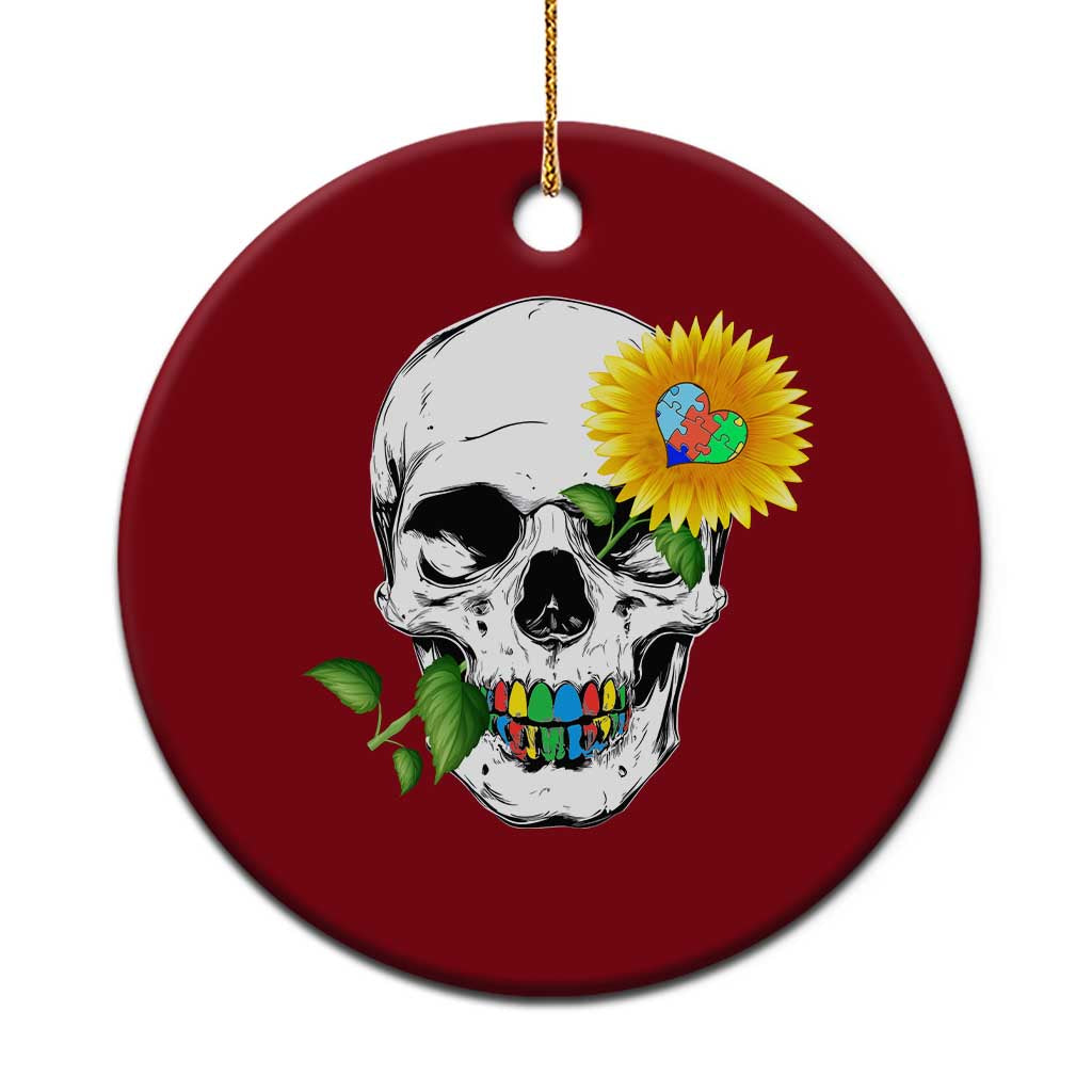 Autism Skull Sunflower Ceramic Ornament Support Autistic Puzzle Pieces Heart - Wonder Print Shop