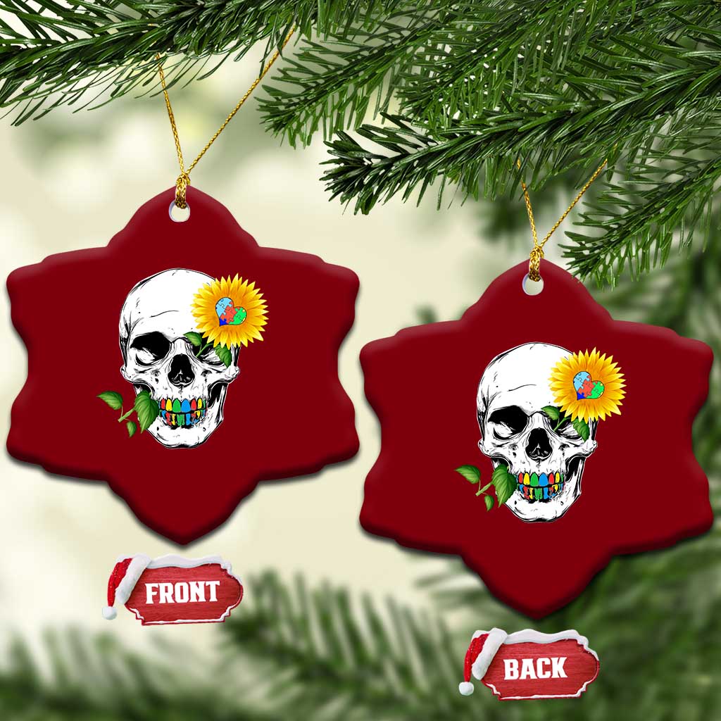 Autism Skull Sunflower Ceramic Ornament Support Autistic Puzzle Pieces Heart - Wonder Print Shop