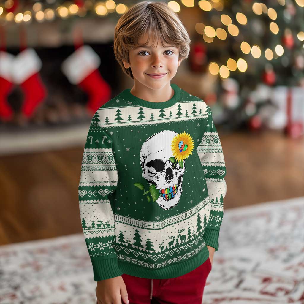 Autism Skull Sunflower Ugly Christmas Sweater Support Autistic Puzzle Pieces Heart - Wonder Print Shop