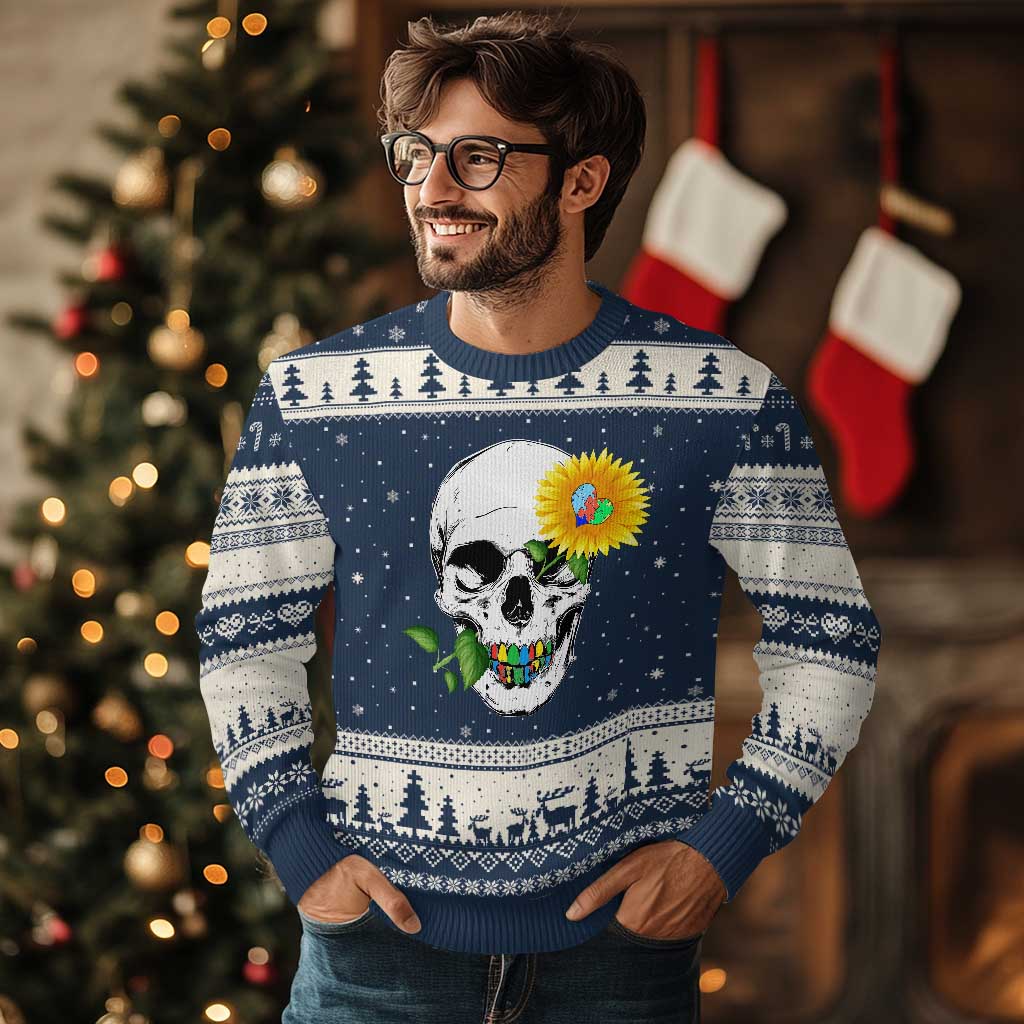 Autism Skull Sunflower Ugly Christmas Sweater Support Autistic Puzzle Pieces Heart - Wonder Print Shop