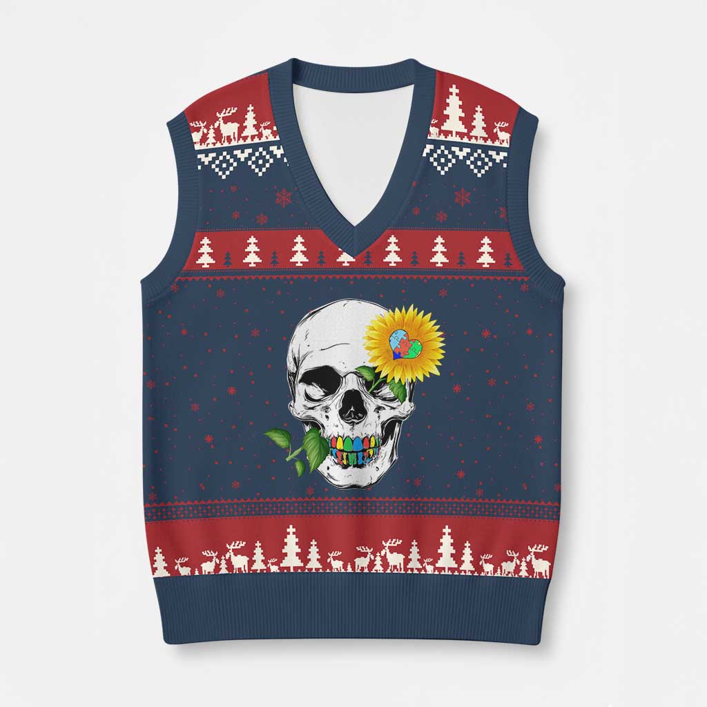 Autism Skull Sunflower V-Neck Knit Sweater Vest Support Autistic Puzzle Pieces Heart - Wonder Print Shop