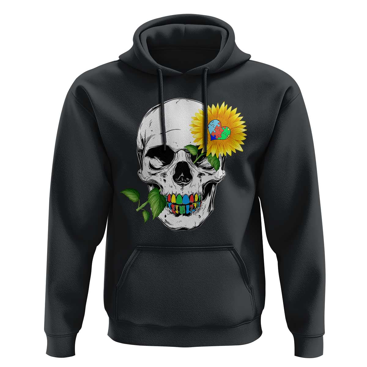 Autism Skull Sunflower Hoodie Support Autistic Puzzle Pieces Heart