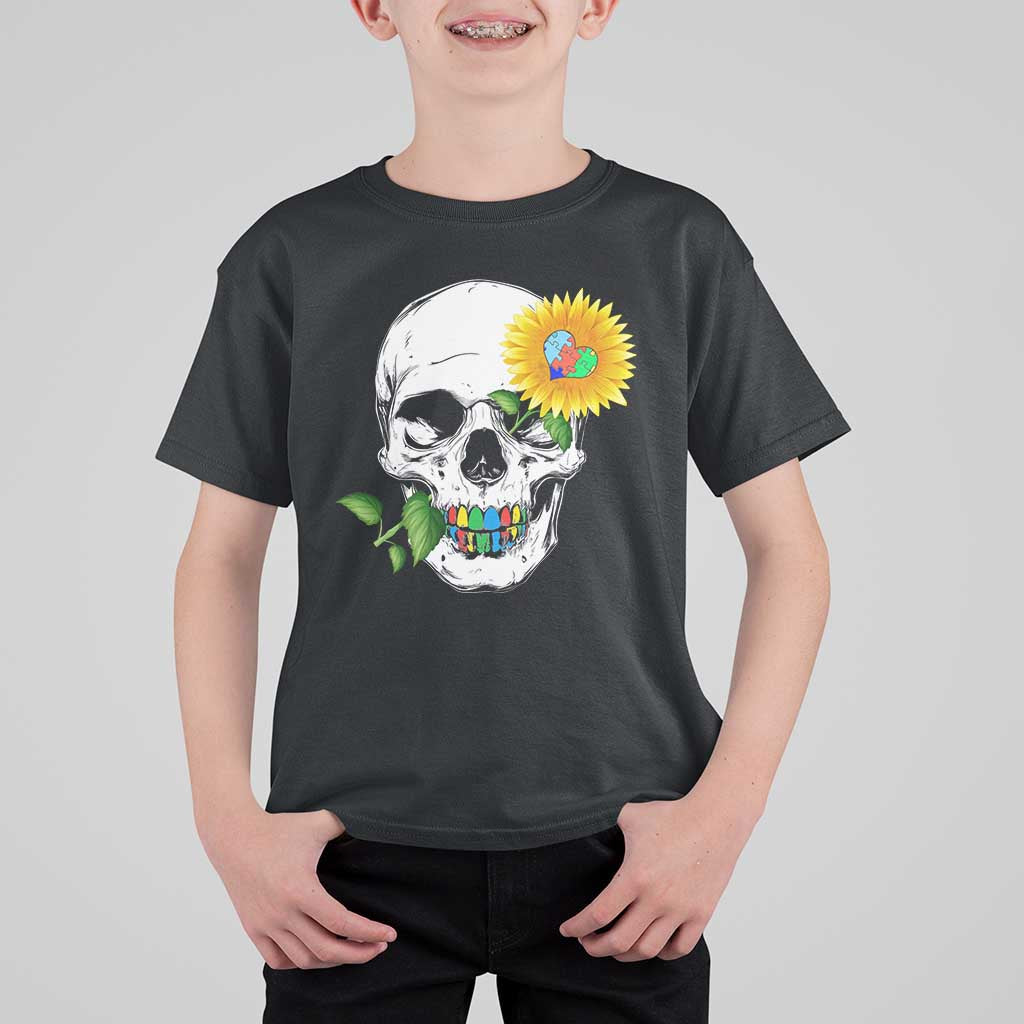 Autism Skull Sunflower T Shirt For Kid Support Autistic Puzzle Pieces Heart