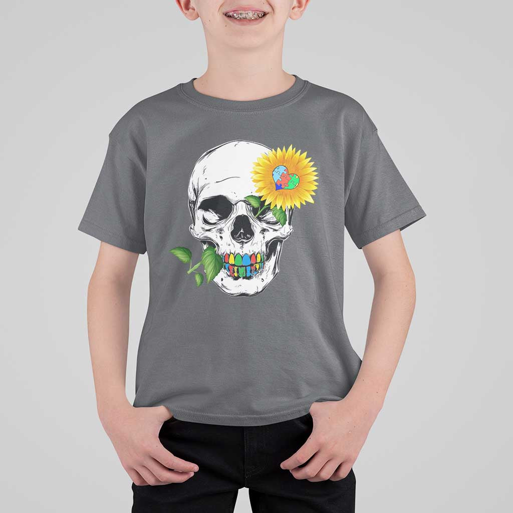 Autism Skull Sunflower T Shirt For Kid Support Autistic Puzzle Pieces Heart