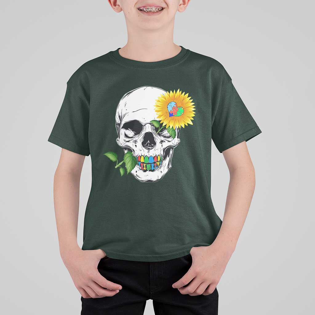 Autism Skull Sunflower T Shirt For Kid Support Autistic Puzzle Pieces Heart