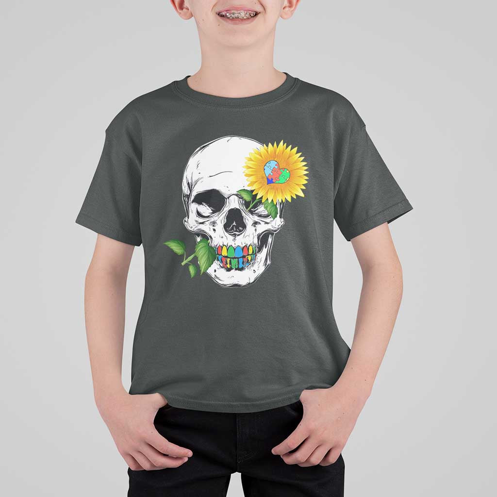 Autism Skull Sunflower T Shirt For Kid Support Autistic Puzzle Pieces Heart
