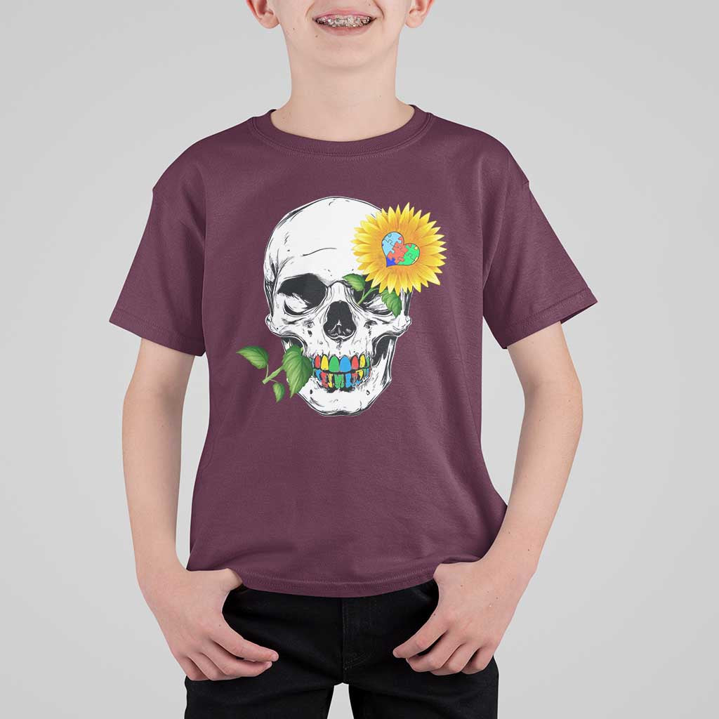 Autism Skull Sunflower T Shirt For Kid Support Autistic Puzzle Pieces Heart