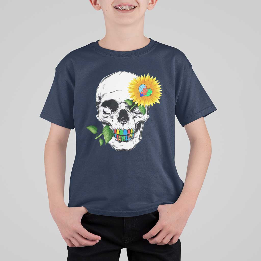 Autism Skull Sunflower T Shirt For Kid Support Autistic Puzzle Pieces Heart