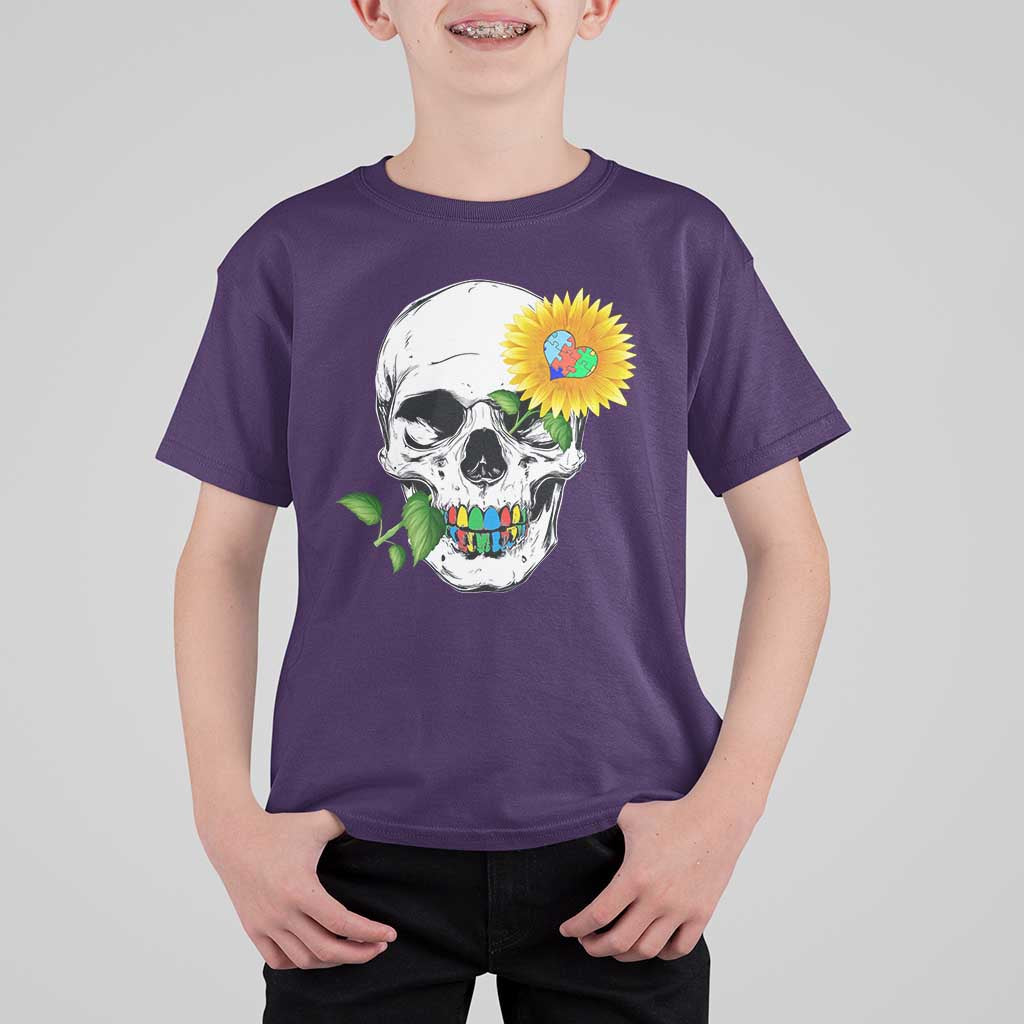 Autism Skull Sunflower T Shirt For Kid Support Autistic Puzzle Pieces Heart