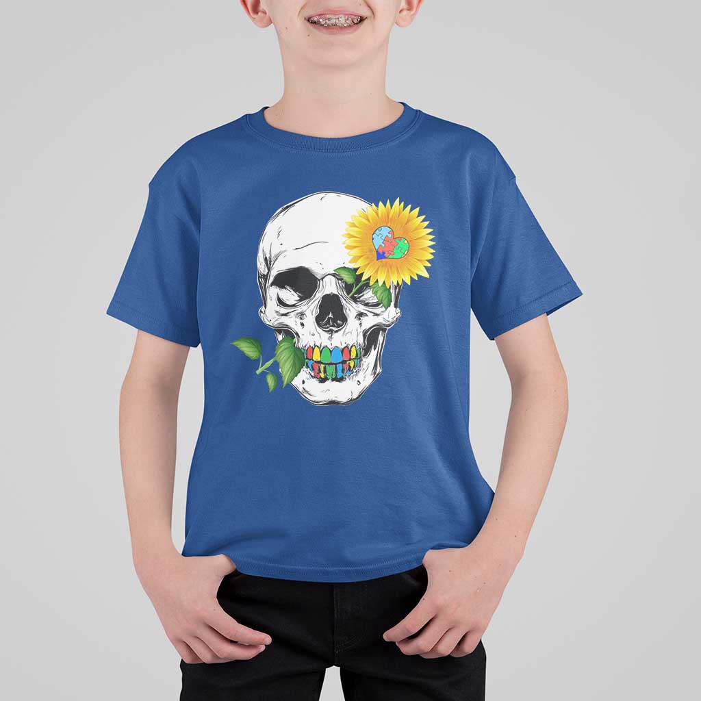 Autism Skull Sunflower T Shirt For Kid Support Autistic Puzzle Pieces Heart