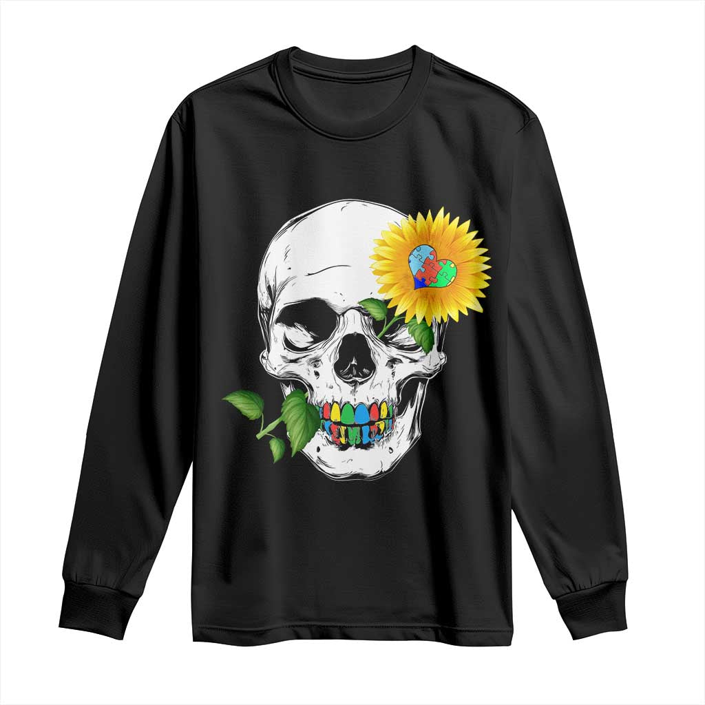 Autism Skull Sunflower Long Sleeve Shirt Support Autistic Puzzle Pieces Heart