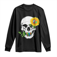 Autism Skull Sunflower Long Sleeve Shirt Support Autistic Puzzle Pieces Heart