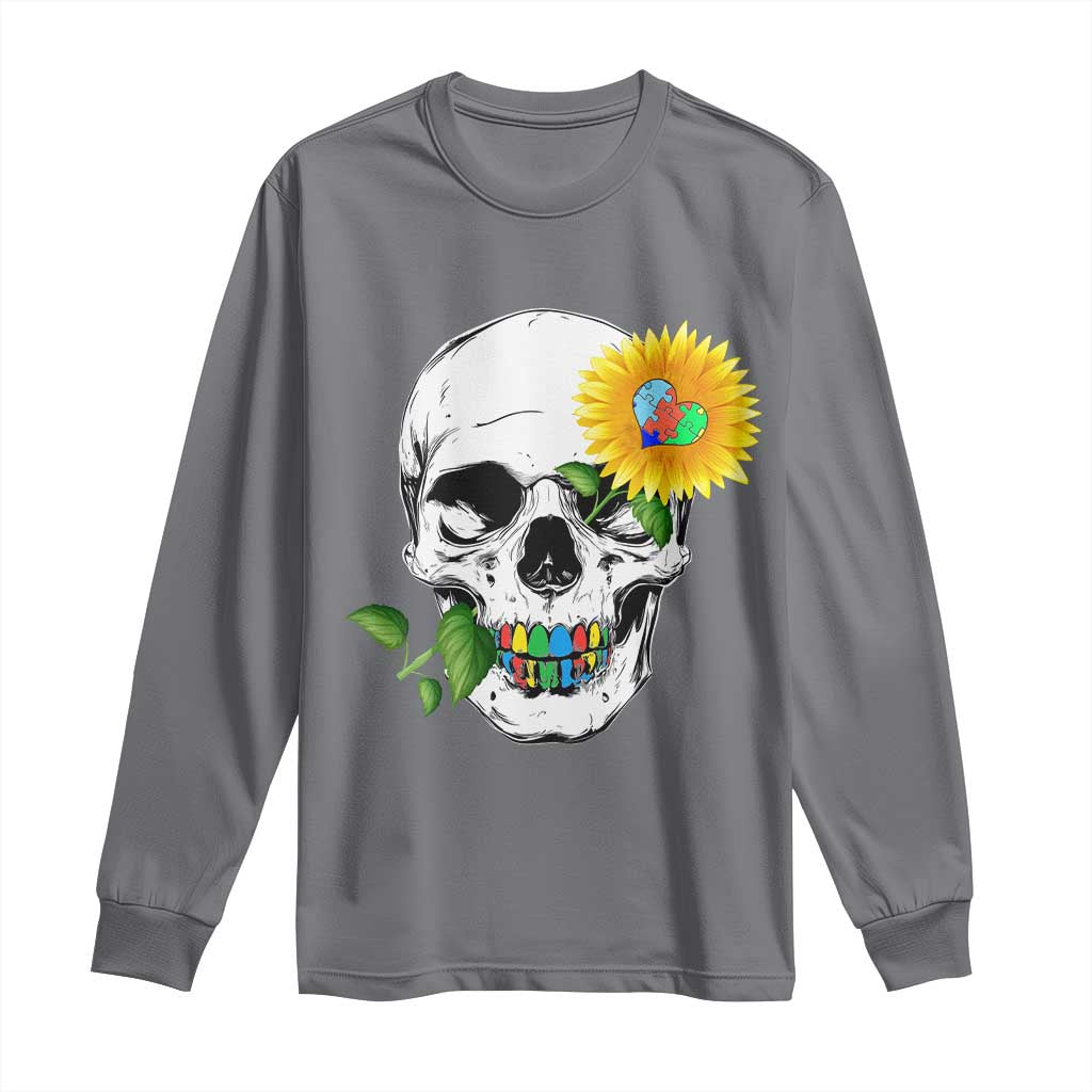 Autism Skull Sunflower Long Sleeve Shirt Support Autistic Puzzle Pieces Heart