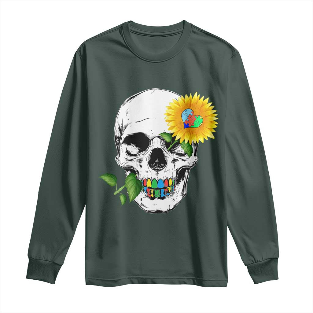 Autism Skull Sunflower Long Sleeve Shirt Support Autistic Puzzle Pieces Heart