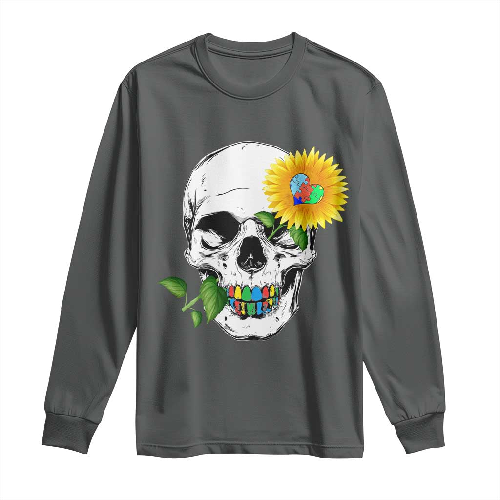 Autism Skull Sunflower Long Sleeve Shirt Support Autistic Puzzle Pieces Heart