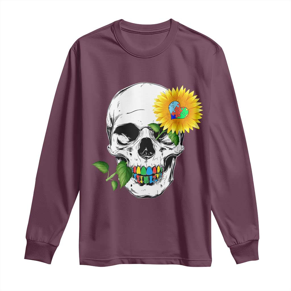 Autism Skull Sunflower Long Sleeve Shirt Support Autistic Puzzle Pieces Heart