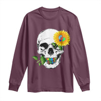 Autism Skull Sunflower Long Sleeve Shirt Support Autistic Puzzle Pieces Heart