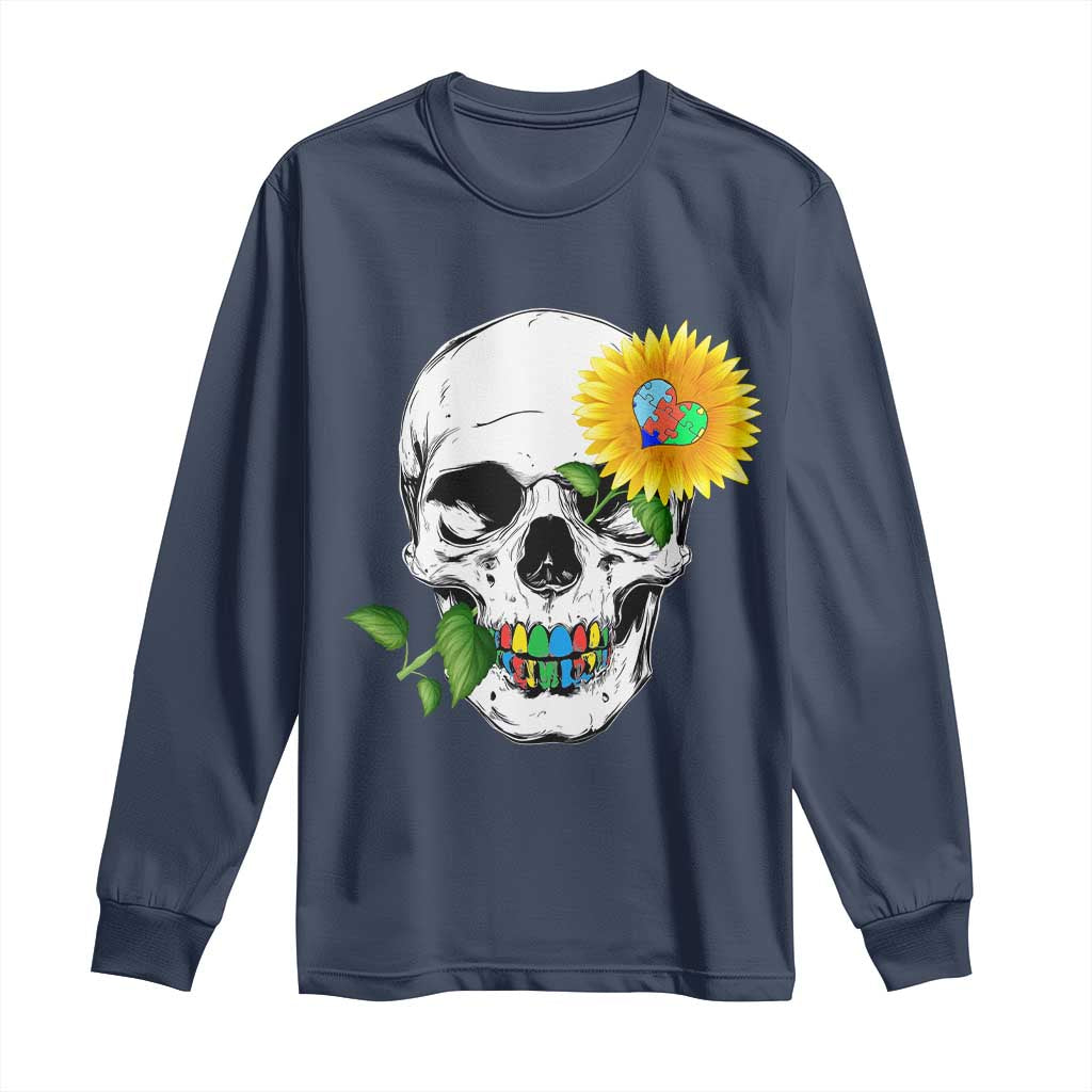 Autism Skull Sunflower Long Sleeve Shirt Support Autistic Puzzle Pieces Heart