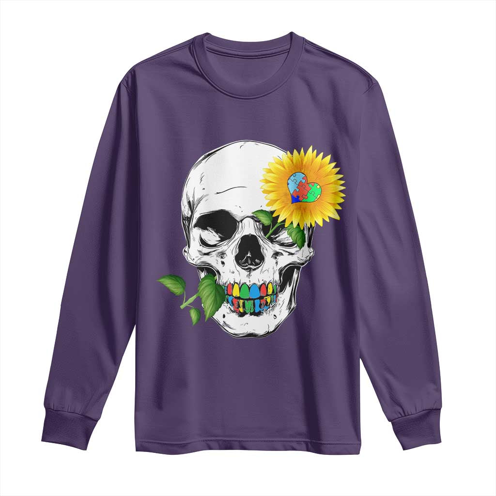 Autism Skull Sunflower Long Sleeve Shirt Support Autistic Puzzle Pieces Heart