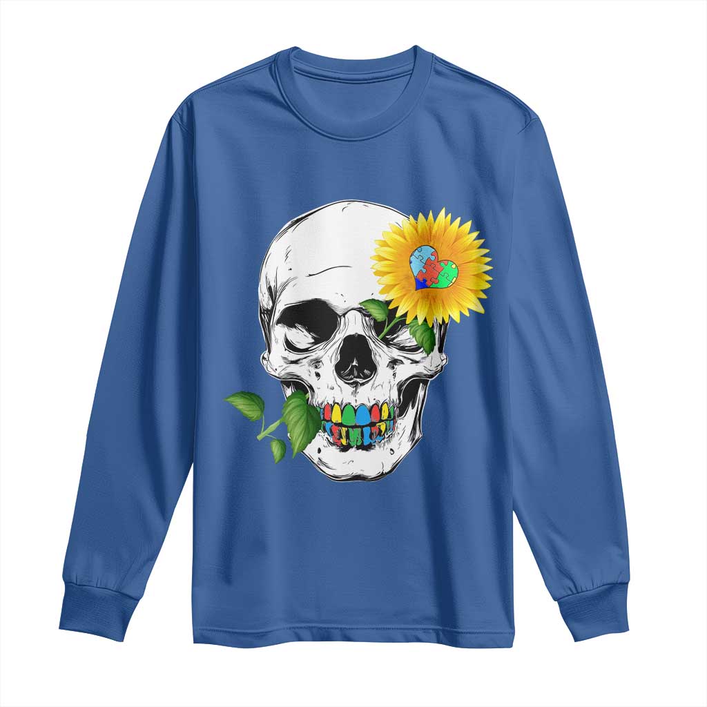Autism Skull Sunflower Long Sleeve Shirt Support Autistic Puzzle Pieces Heart