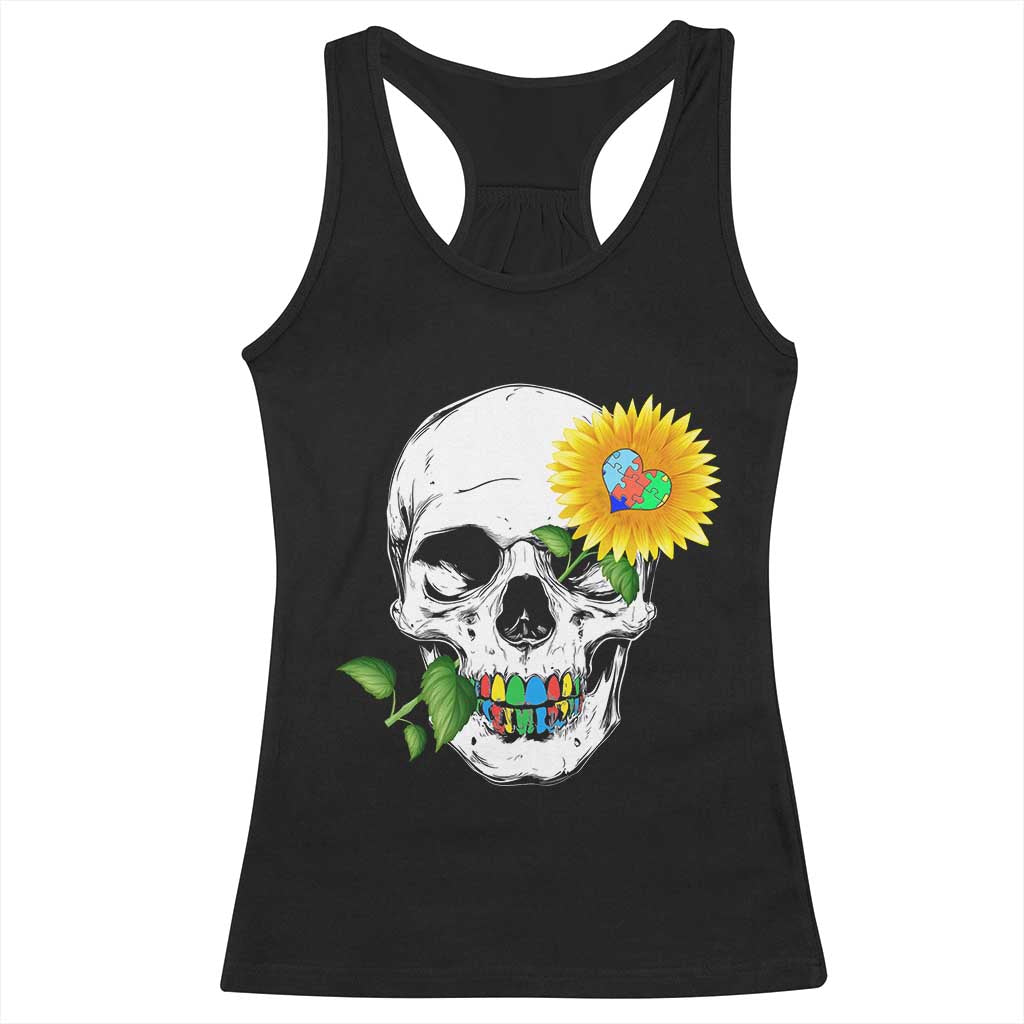 Autism Skull Sunflower Racerback Tank Top Support Autistic Puzzle Pieces Heart