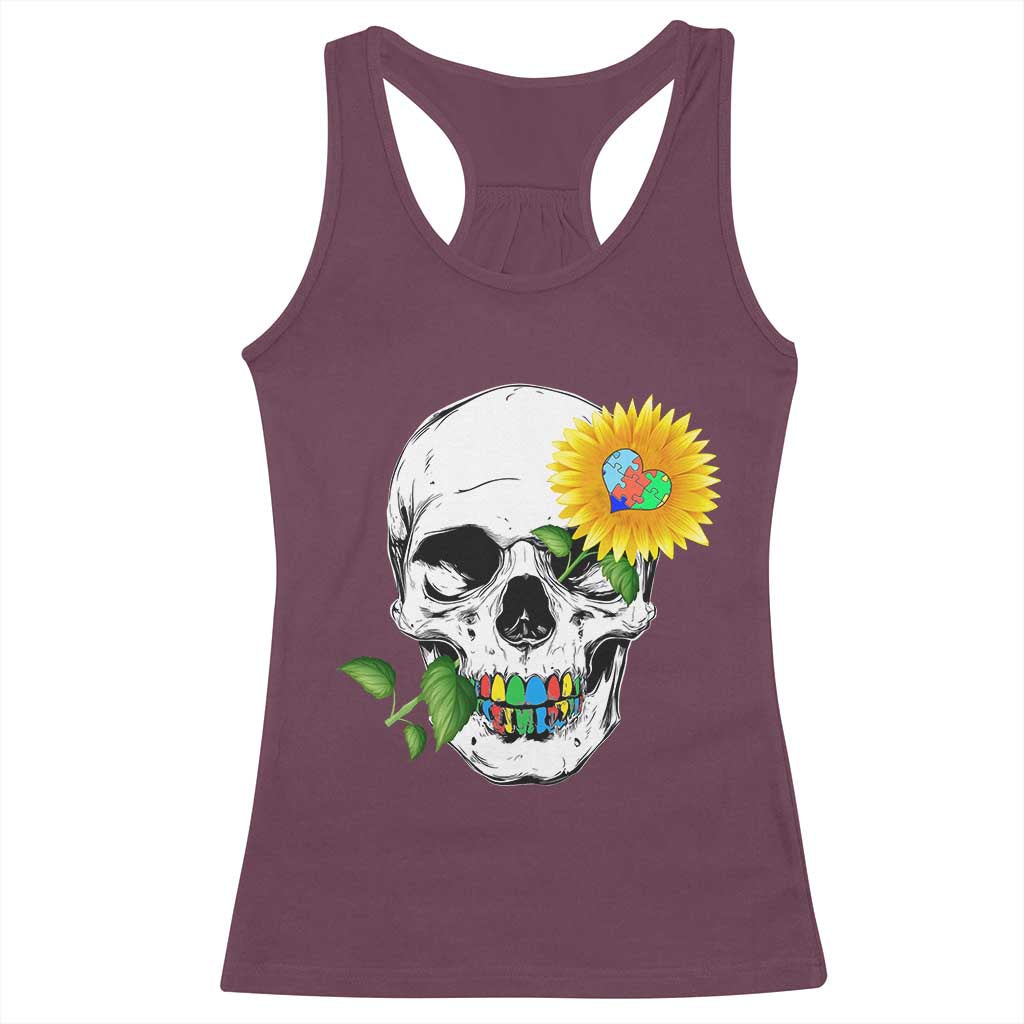 Autism Skull Sunflower Racerback Tank Top Support Autistic Puzzle Pieces Heart