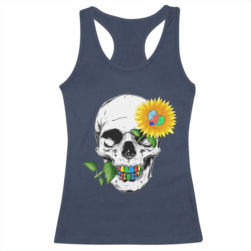 Autism Skull Sunflower Racerback Tank Top Support Autistic Puzzle Pieces Heart