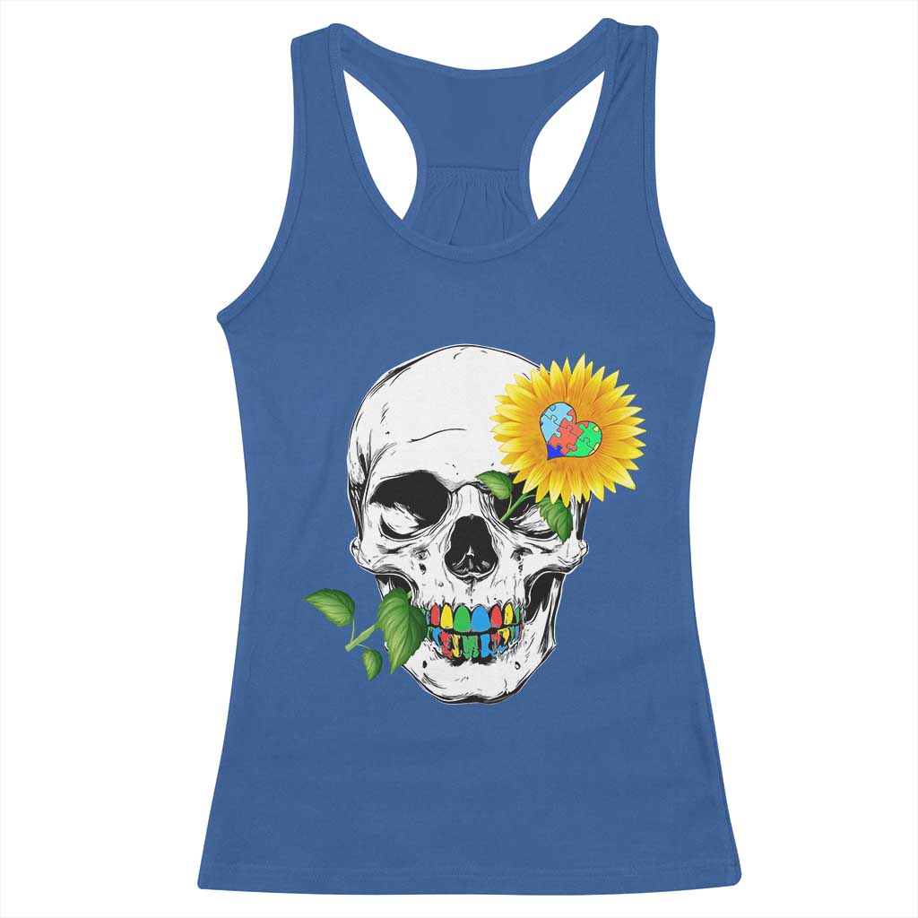 Autism Skull Sunflower Racerback Tank Top Support Autistic Puzzle Pieces Heart