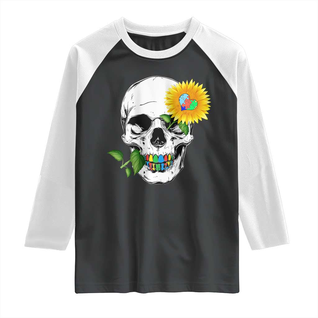 Autism Skull Sunflower Raglan Shirt Support Autistic Puzzle Pieces Heart