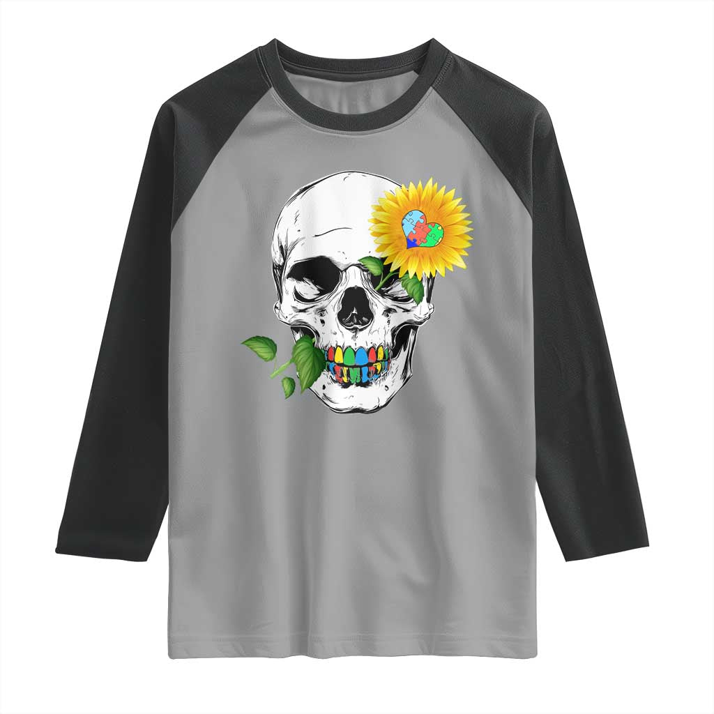 Autism Skull Sunflower Raglan Shirt Support Autistic Puzzle Pieces Heart