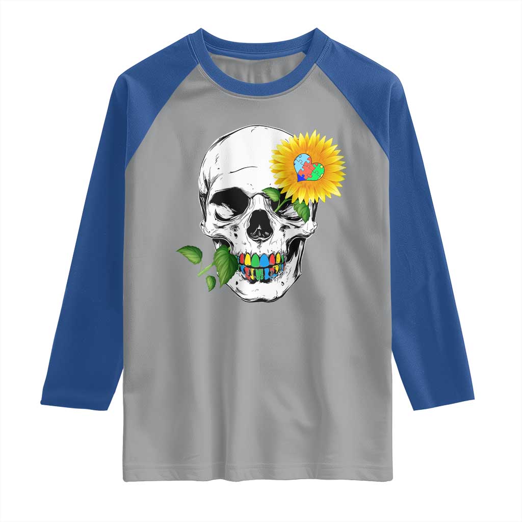 Autism Skull Sunflower Raglan Shirt Support Autistic Puzzle Pieces Heart