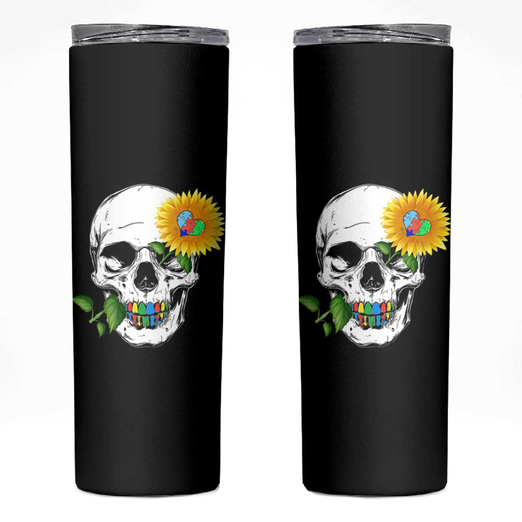 Autism Skull Sunflower Skinny Tumbler Support Autistic Puzzle Pieces Heart