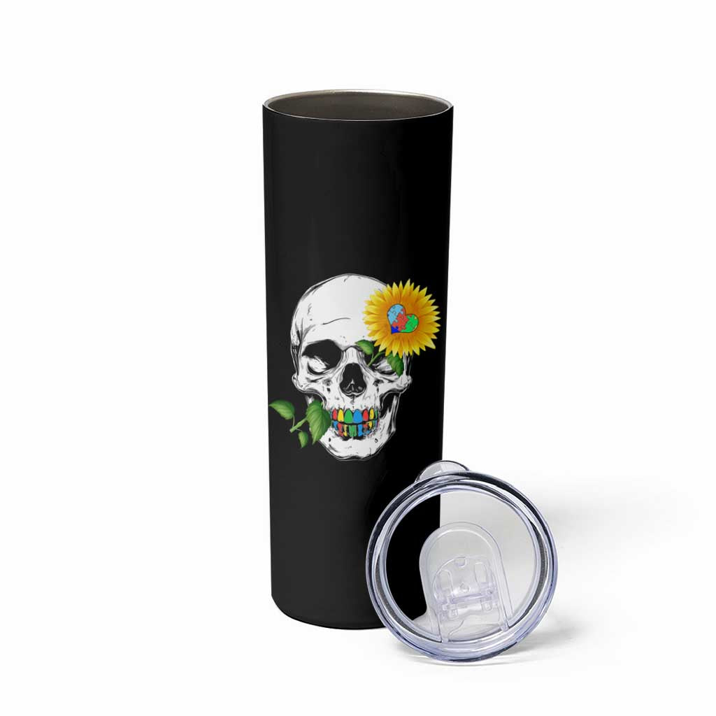 Autism Skull Sunflower Skinny Tumbler Support Autistic Puzzle Pieces Heart