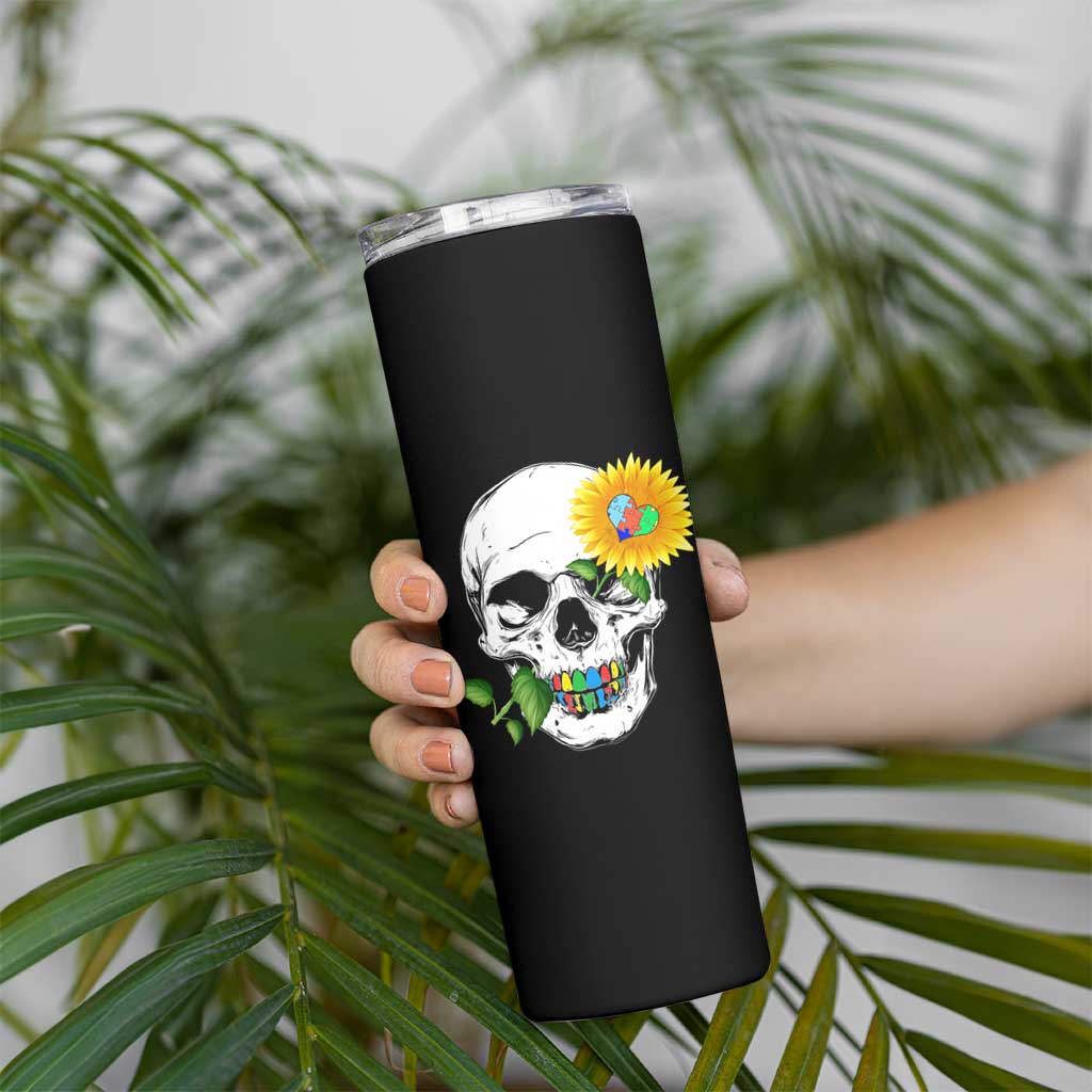 Autism Skull Sunflower Skinny Tumbler Support Autistic Puzzle Pieces Heart