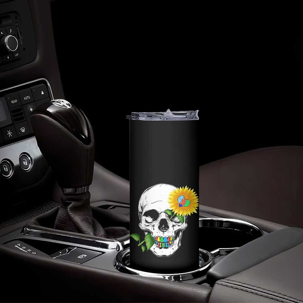 Autism Skull Sunflower Skinny Tumbler Support Autistic Puzzle Pieces Heart