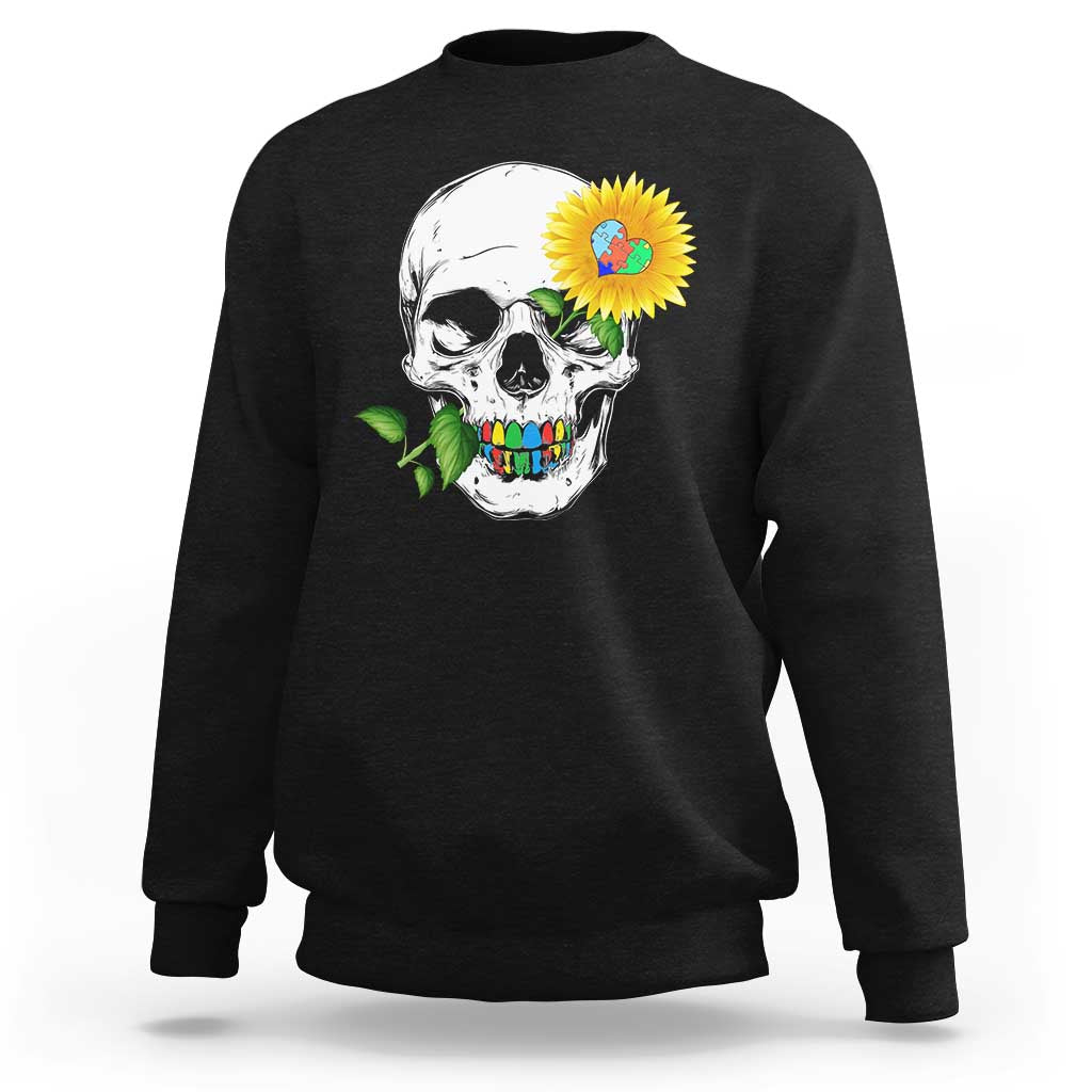 Autism Skull Sunflower Sweatshirt Support Autistic Puzzle Pieces Heart